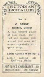 1934 Hoadley's Victorian Footballers #9 Cresswell Crisp Back